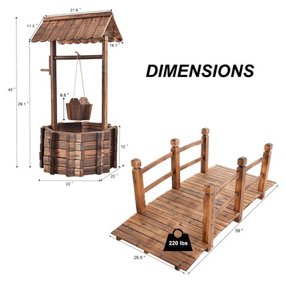 S AFSTAR Wooden Garden Bridge, 5FT Stain Finished Arch Footbridge with Safety Rails for Garden Patio Yard, Outdoor Pond Bridge & Wishing Well Planter Set