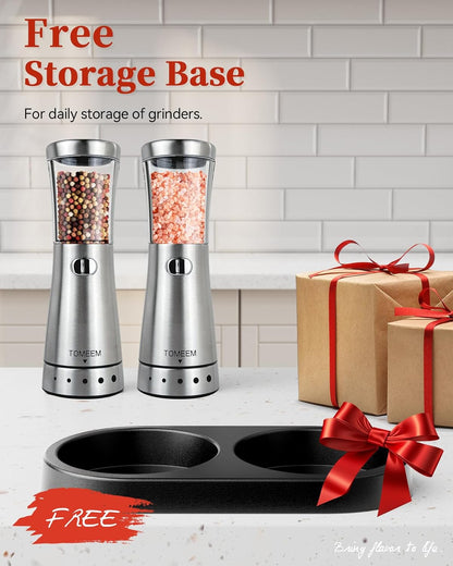 Set Set 4.5 oz 1.8" Electric Salt and Pepper Grinder with Storage Base, Stainless Steel Rechargeable Salt and Pepper