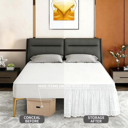 ANARACHON Queen Bed Skirt, Wrap-Around Elastic Ruffled Eyelet Bed Skirt Queen Size Dust Ruffle with Gathered Styling and Embroidered Details, 18" Drop Length (White)