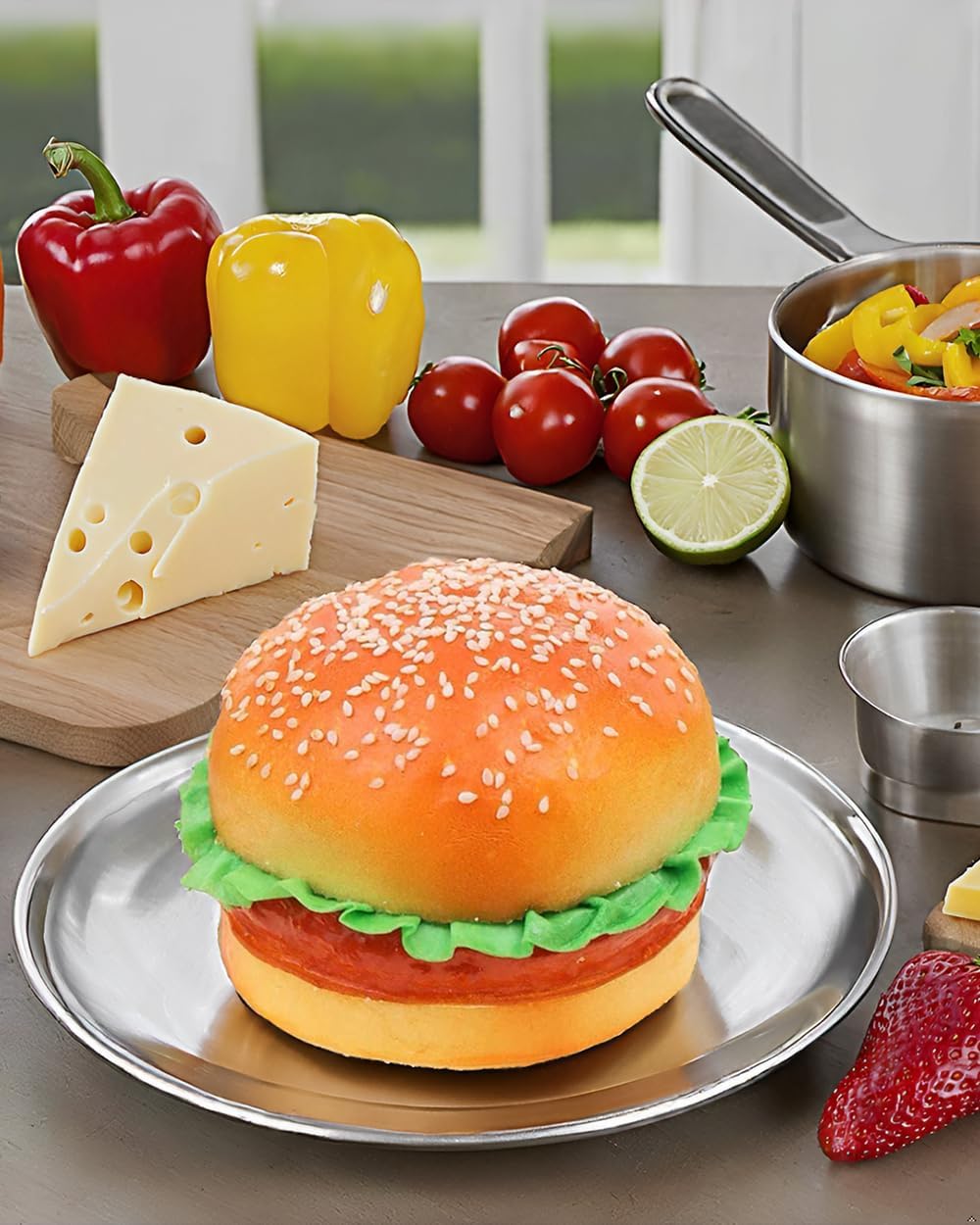 Kmiunty 4PCS Artificial Hamburger Fake Food Bread Model Photography Prop for Home Kitchen Party Decoration