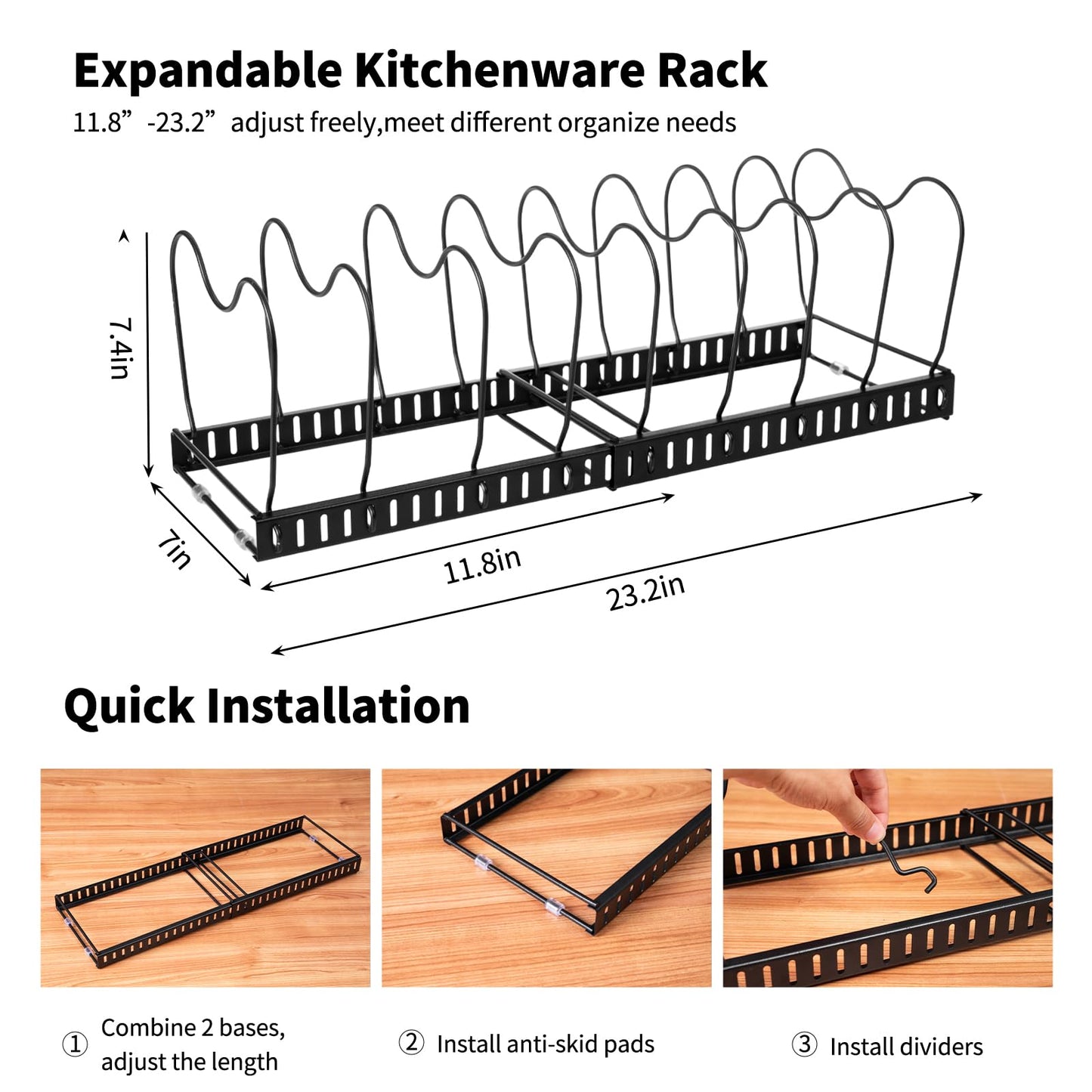 FrutPunch Pots and Pans Organizer,Rack for under Cabinet,Expandable Pot Lid Kitchen Cabinet Organizer Holder, with 10 Adjustable Partitions, Suitable for Kitchen Pan Organizers Inside Cabinet