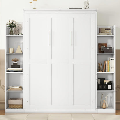 Ball & Cast Full Size Murphy Bed Wall Bed with Shelves and LED Lights,can be Folded,Hideaway Cabinet Frame W/ 2 Five-Layer Cabinets,Slat Support,No Box Spring Needed,for Apartment,Bedroom,White