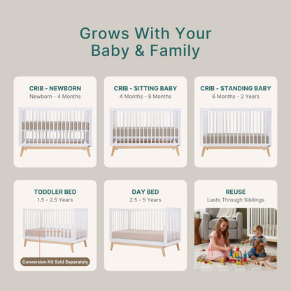 dadada Baby Soho 3-in-1 Convertible Wooden Crib to Toddler Bed - Made in Italy, GREENGUARD Gold Certified, Baby-Safe Finish, Handcrafted Beechwood, Modern Design, 3 Adjustable Heights (White/Natural)