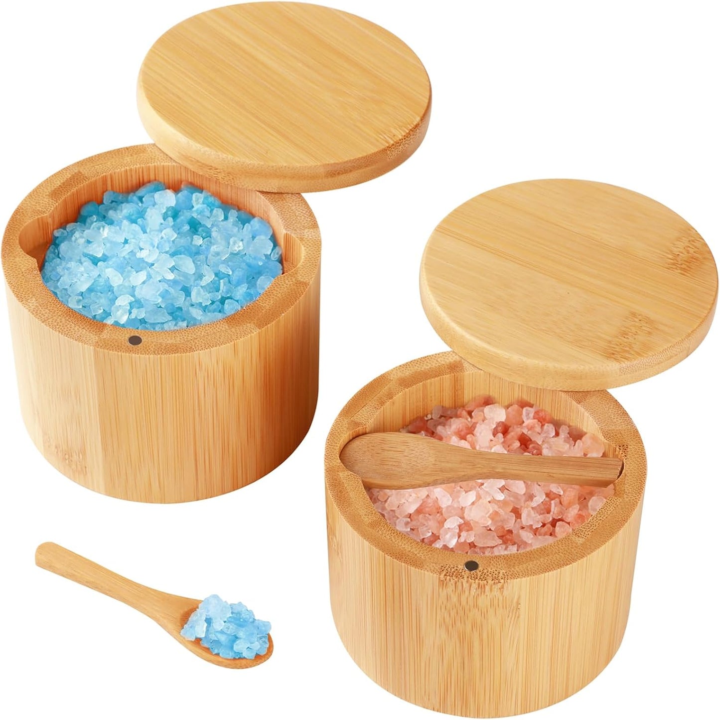 2 Countertop Timtopno Bamboo Salt Cellar, PCS Salt Container with Built-in Spoon, Salt Box Bowl with Magnetic Swivel