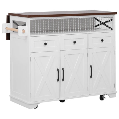 Bellemave 46.5" Farmhouse Kitchen Island cart with Charging Station and with Drape of Beads, Rolling Kitchen Island Table with Drop-Leaf, 3 Drawers, White