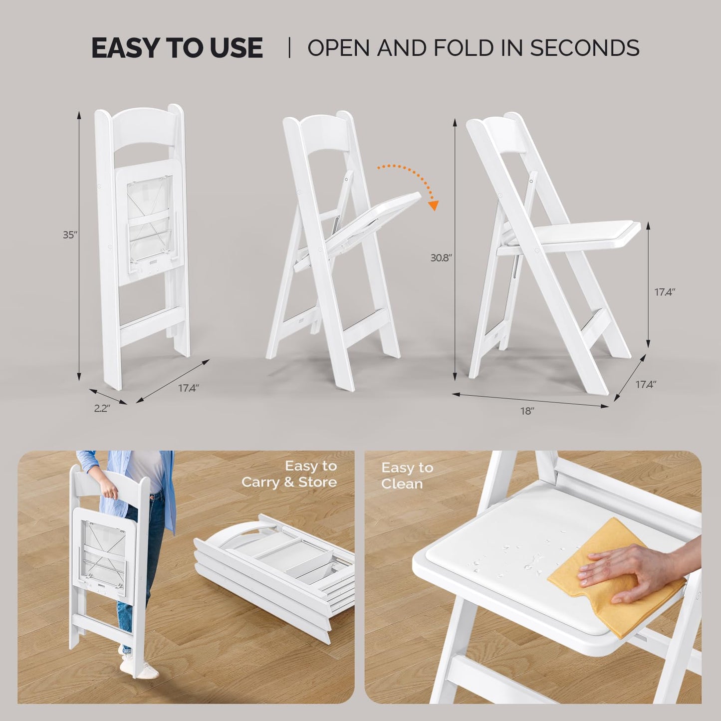 VINGLI Resin Folding Chairs with Cushion, Foldable Plastic Chair with Comfortable Padded Seats, Perfect for Event Party Indoor Outdoor, White, 8 PC