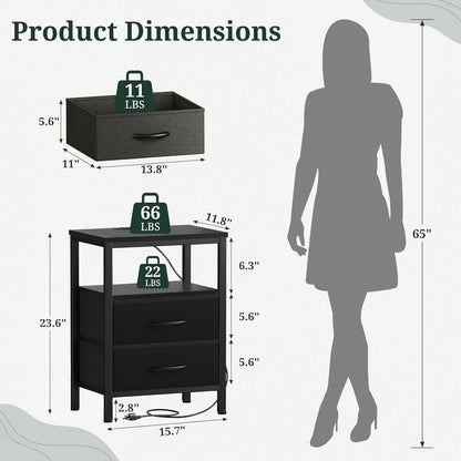 2 Nightstand with Charging Station, Bedside Table with USB Ports & Outlets, Small Dresser End Table with Fabric Drawer