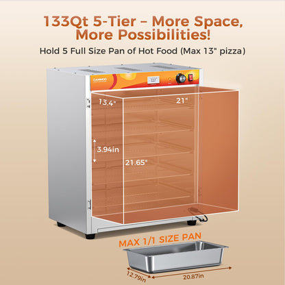 CAMMOO 133Qt 5-Tier 900W Commercial Food Warmer w/ 304 Blued Stainless Steel Heating Element, Double-Tempered Glass Door, Adjustable Shelf, Electric Catering Hot Box Countertop Heated Holding Cabinet