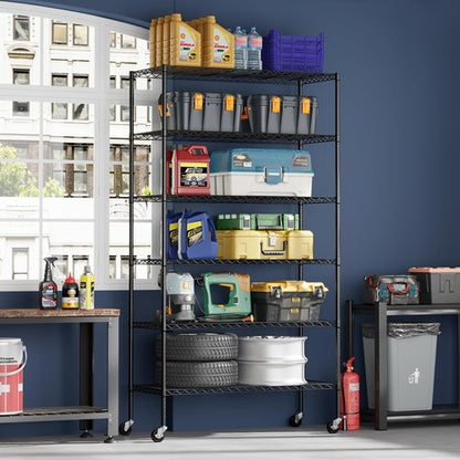 FDW 6-Tier Wire Storage Shelves - Adjustable Heavy-Duty Metal Racks | 45"x18"x82" | Black | Tool-Free Assembly, Rust-Resistant | Ideal for Home & Garage