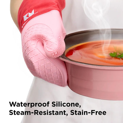 Kitchen Mama UltraShield Silicone Oven Mitts – Heat Resistant, Non-Slip Surface, Durable, Safe, Pot Holders, FlexiblWaterproof Glove Set, Perfect for Cooking, Baking, Grilling, BBQ (Red)
