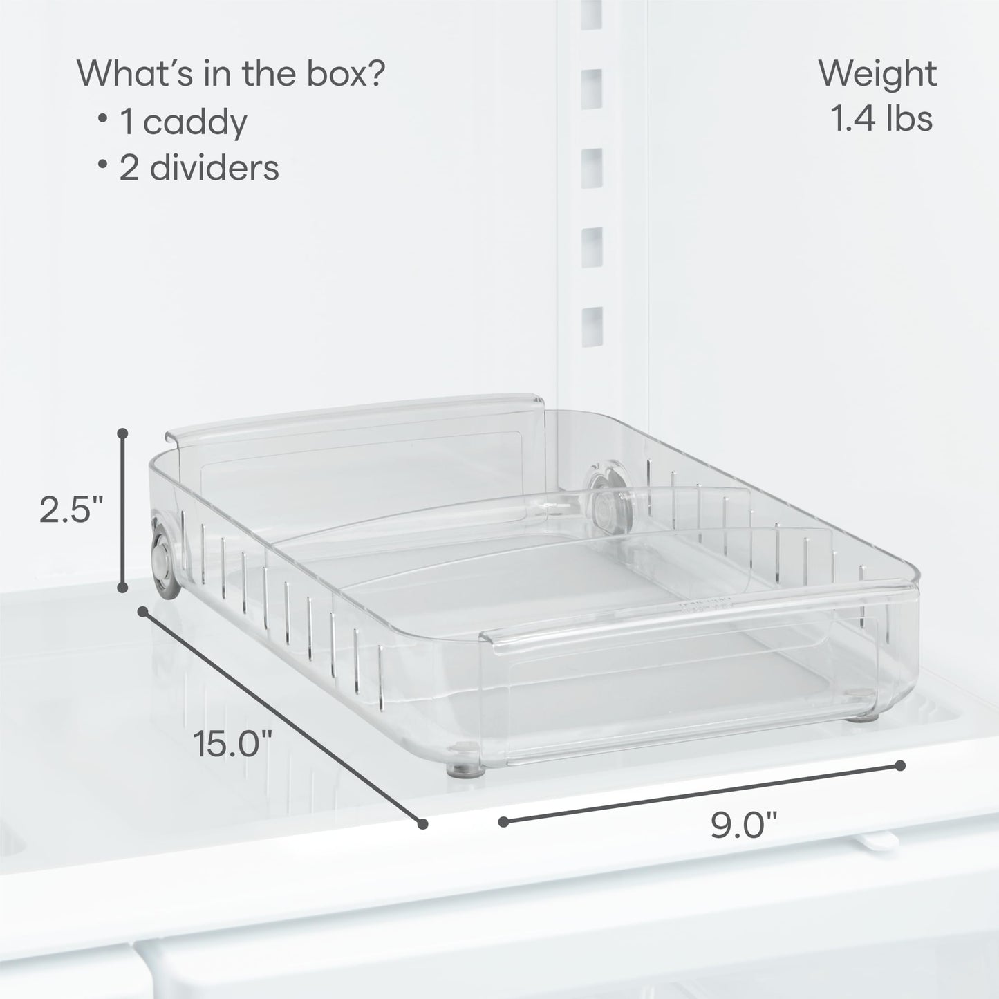 YouCopia RollOut Fridge Caddy BPA-Free Clear Rolling Refrigerator Organizer Bin with Adjustable Dividers and Handles, 9" Wide