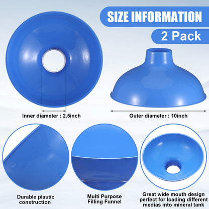 Vesici 2 Pack Extra Large Wide Mouth Funnel 2.5" x 10" Multi Purpose Filling Funnel Plastic Reusable for Water Softener Resin Tanks Carbon Media Jar Filling Use (Blue)