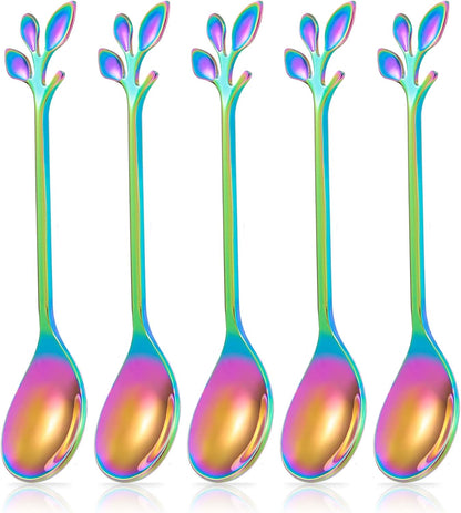 Rainbow Leaf Coffee Spoons, IFeico 4.7 inch Stainless Steel Ice-Cream Tea Sugar Spoons, 5 Pack