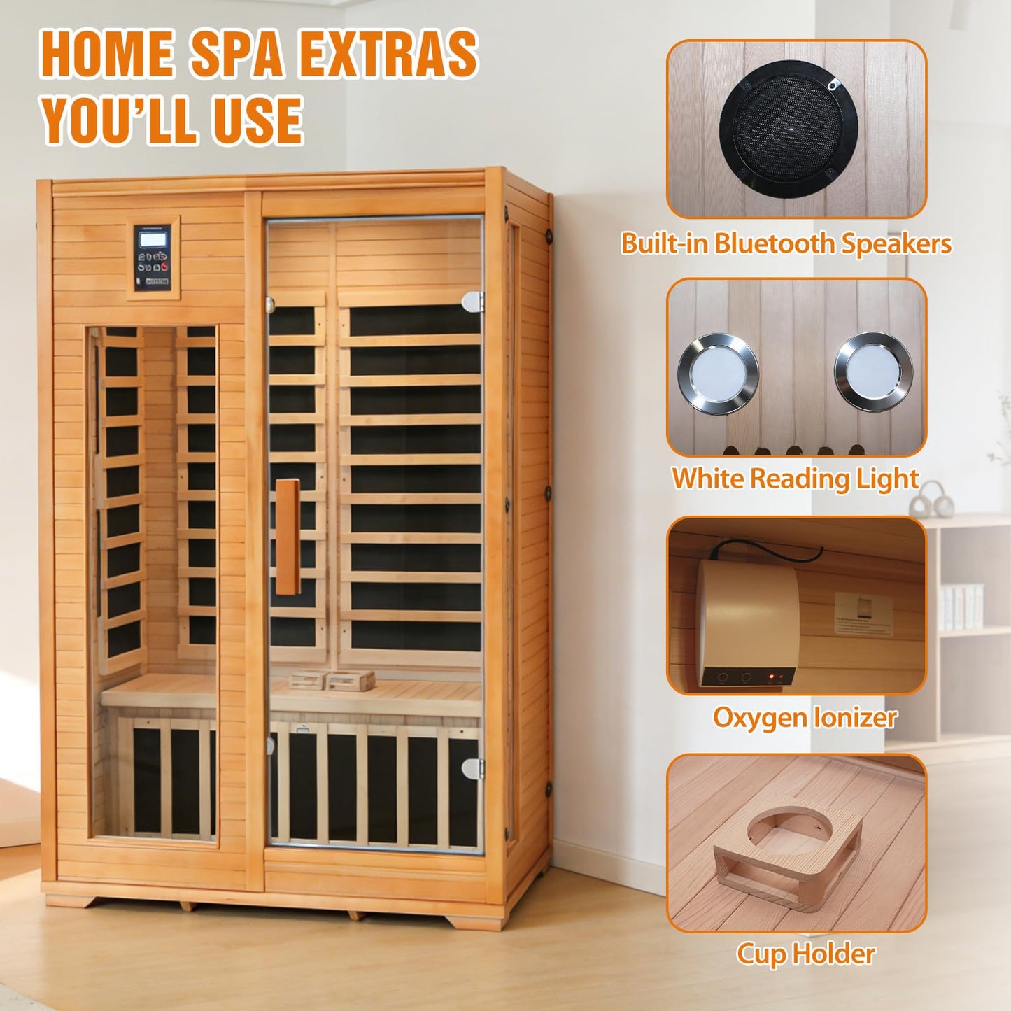 EAGLE PEAK 2 Person Low EMF Far Infrared Sauna, Red Light and Chromotherapy Lighting, Bluetooth Speakers, USB Port, Indoor Dry Heat Sauna, Canadian Hemlock Wood, Brown