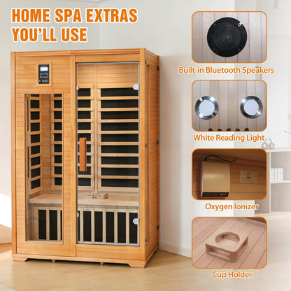 EAGLE PEAK 2 Person Low EMF Far Infrared Sauna, Red Light and Chromotherapy Lighting, Bluetooth Speakers, USB Port, Indoor Dry Heat Sauna, Canadian Hemlock Wood, Brown