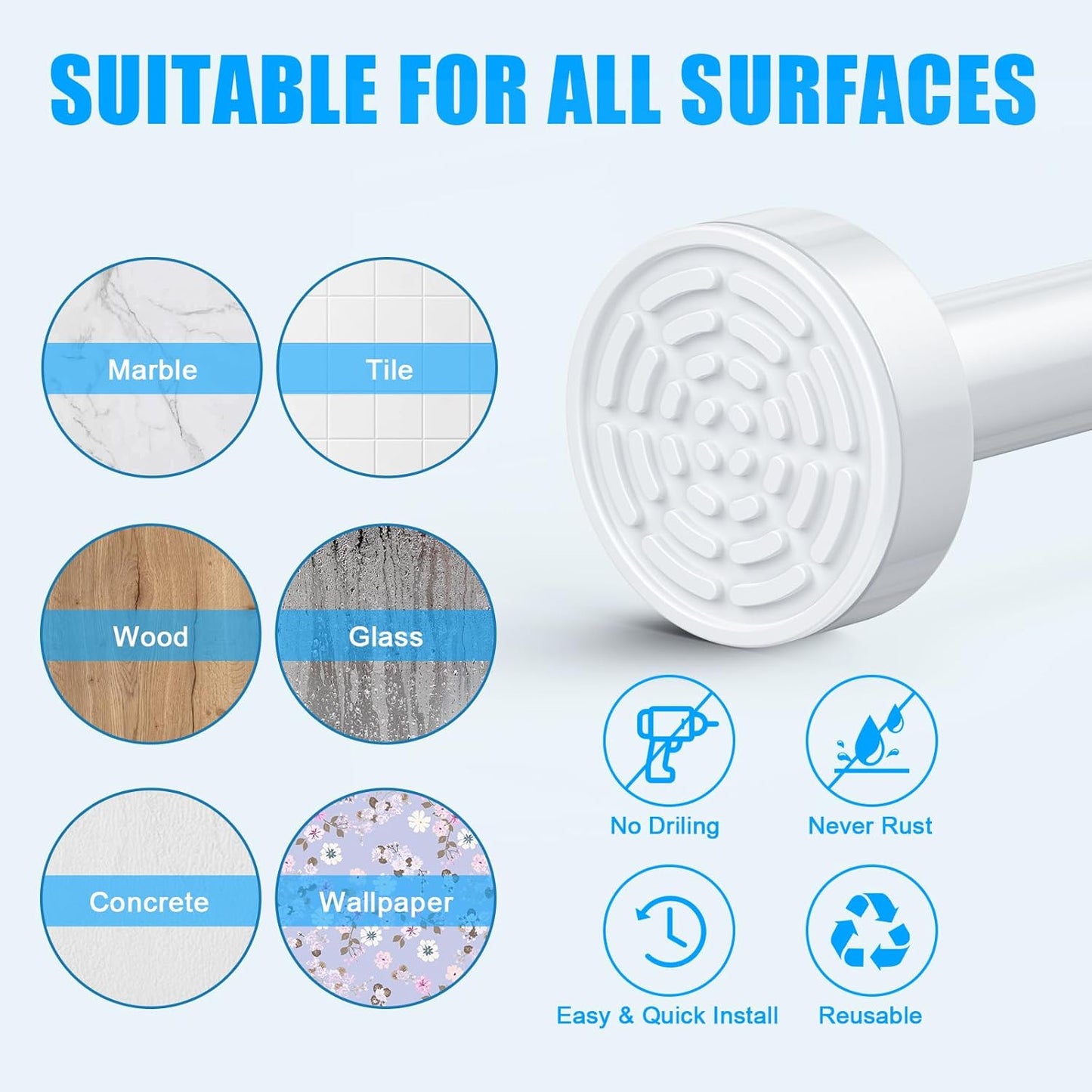 TEECK Adjustable Spring Tension Shower Curtain Rod, 27-76 inch, Never Rust Anti-Slip for Bathroom, Easy to Use, White