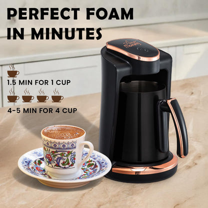 Any Morning Turkish & Greek Coffee Maker-Machine, 1 to 4 Cups Capacity, 100% BPA Free, 400W Electric Coffee Pot with Cook Sense Technology, Anti-Spill Design, Authentic Foamy Brew, Black