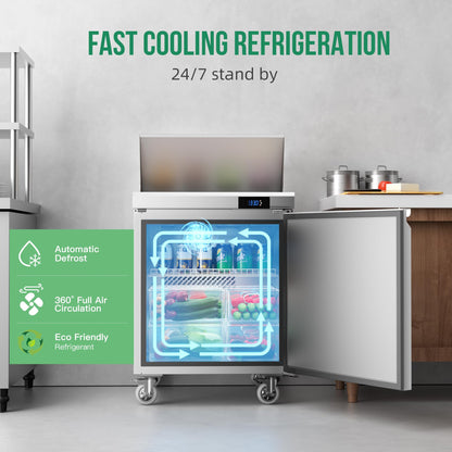 Coolake 27'' W Commercial Refrigerator Sandwich Salad Prep Table, 1 Door Sandwich Fridge with 8 GN 1/6 Pans, Counter Fan Cooling Refrigerator for Restaurant, ETL DOE