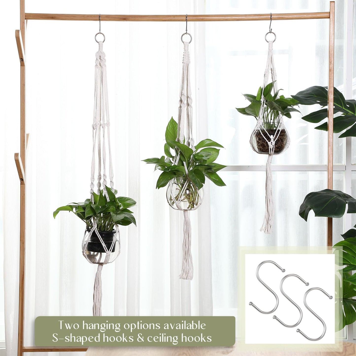 Colingmill 6 Pcs Boho Macrame Plant Hanger with Small Plastic Pot Hanging Plant Holder Wall Planter Propagation Station Include Hooks Kit for Indoor Home Garden Office Decor 3 Size (White)