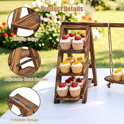 3 Tier Cupcake Stand with Swing, Wooden Cupcake Stand, Swing Cupcake Stand with Removable Serving Platter and Foldable Ladder for Birthday Anniversary Party Decoration