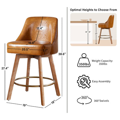 Finekoze Counter Height Bar Stools,Brown-Colored Faux Leather Comfort Fabric Bar Stool Set of 2，360° Swivel Counter Height Stools Solid Wood Legs,27'' Barstools with Contoured Backrest