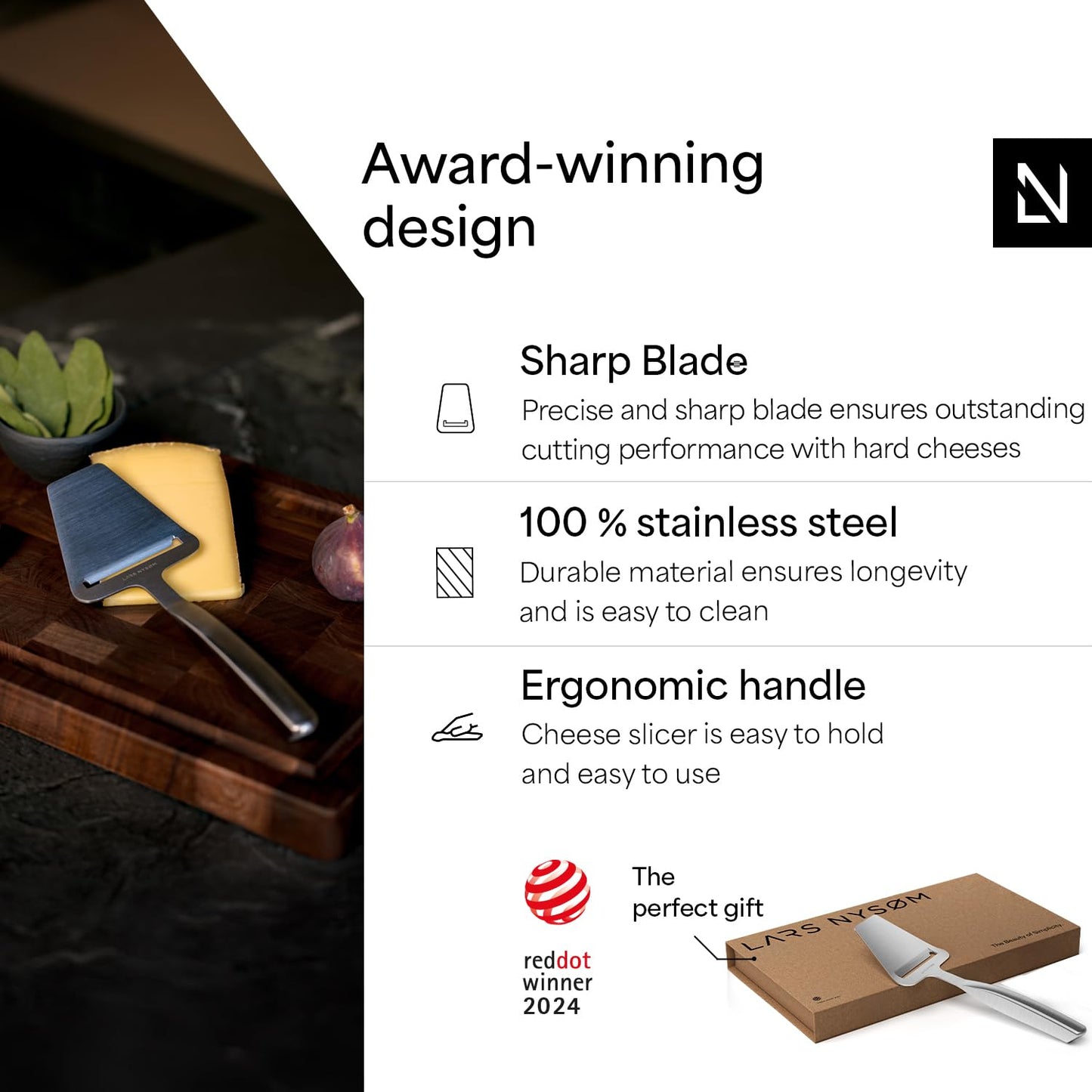 LARS NYSØM Cheese Cutter I Cheese Slicer Made of Stainless Steel I Manual Slicer (Stainless Steel)