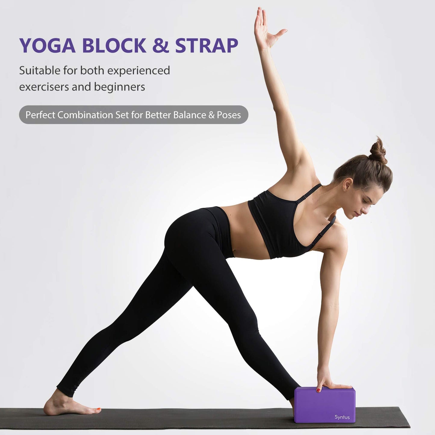 Syntus Yoga Block and Yoga Strap Set, 2 Soft Non-Slip Yoga Blocks 9×6×4 inches, 8FT Metal D-Ring Strap for Yoga, General Fitness, Pilates, Stretching and Toning