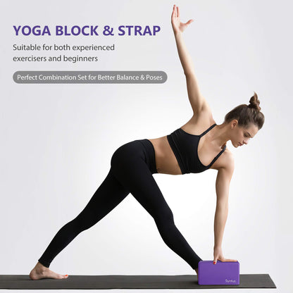 Syntus Yoga Block and Yoga Strap Set, 2 Soft Non-Slip Yoga Blocks 9×6×4 inches, 8FT Metal D-Ring Strap for Yoga, General Fitness, Pilates, Stretching and Toning