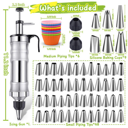 NOVANO Dessert Decorating Syringe Set, Frosting Piping Kit Stainless Steels Cake Decorating Kit with 54 Piping Tips & 9 silicone cupcakes, Cupcake Decorating Kit Piping Bags and Tips Set (Black)