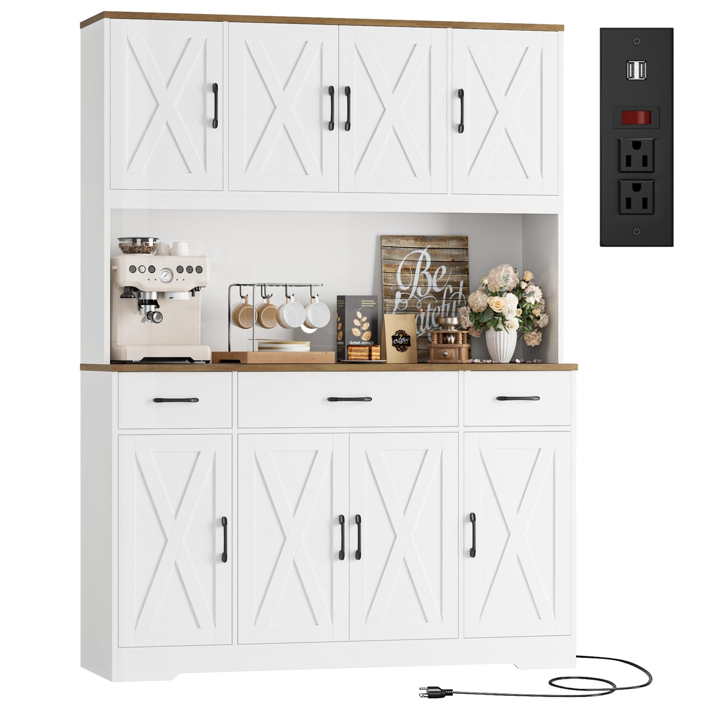 HOSTACK 71" Large Pantry Cabinet with Charging Station, 55" Wide Kitchen Pantry Storage with Drawers and Power Outlet, Tall Kitchen Hutch with Countertop for Kitchen, White