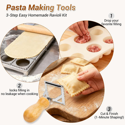 5 Pcs Ravioli Maker Set, Ravioli Cutter and Ravioli Mold with Wood Rolling Pin, 2-Inch Square Pasta Stamp Press for Homemade Italian Ravioli, Kitchen Pasta Making Tools for Baking Enthusiasts