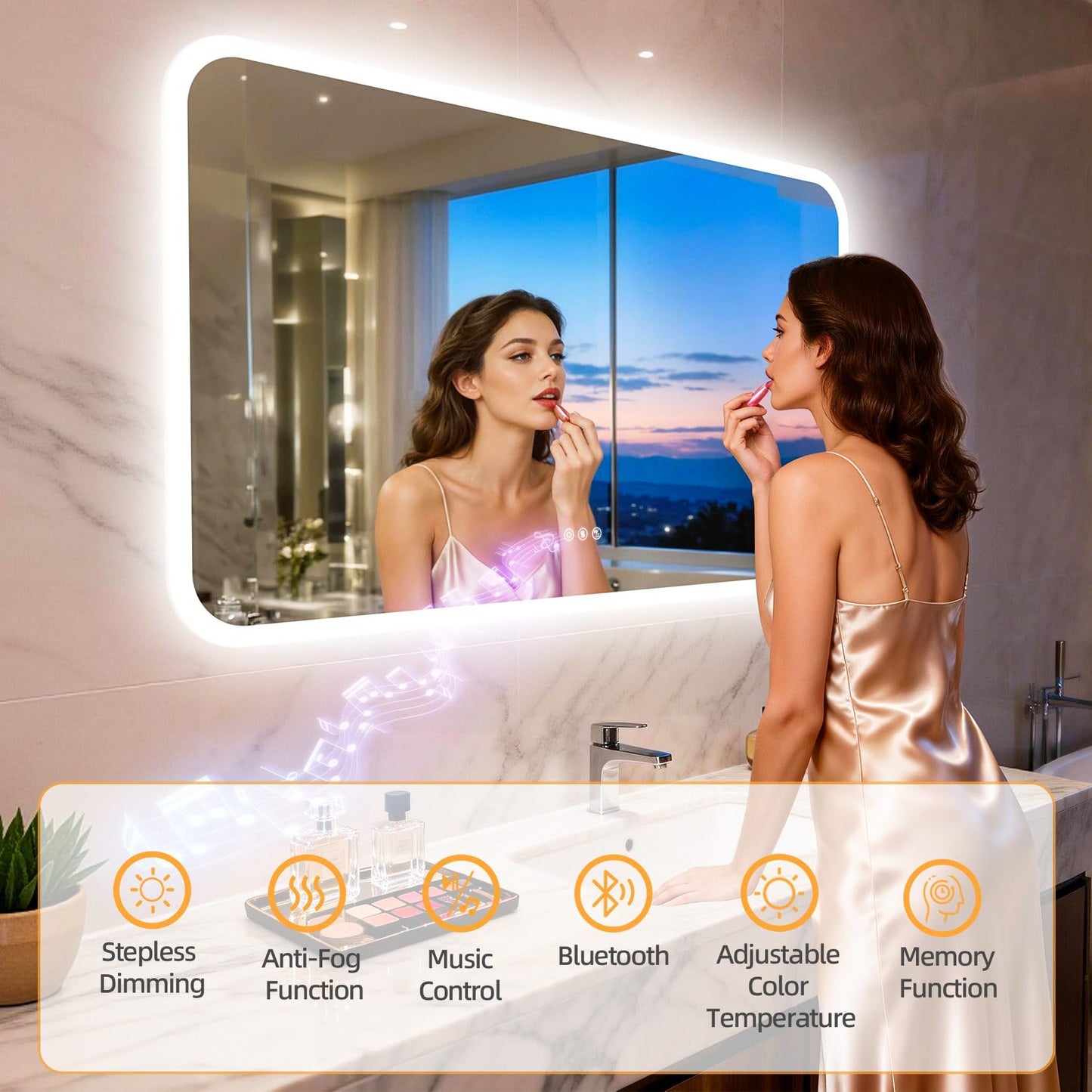 LUVODI Rectangle LED Bathroom Mirror: Smart Bluetooth Vanity Mirror Front-Lit Defogger Stepless Dimming, 27.6x47.3 inch