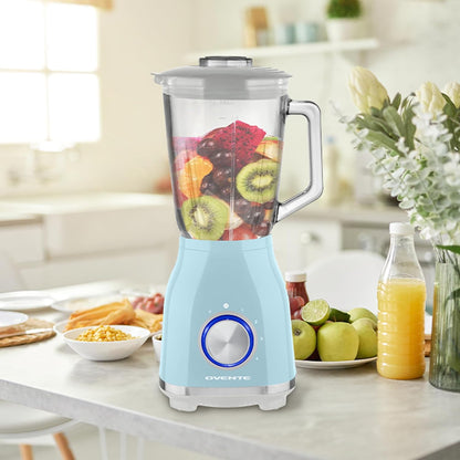 OVENTE Countertop Kitchen Blender - 550 Watts, Stainless Steel Blades, 50oz Glass Jar for Smoothies & More, Blue