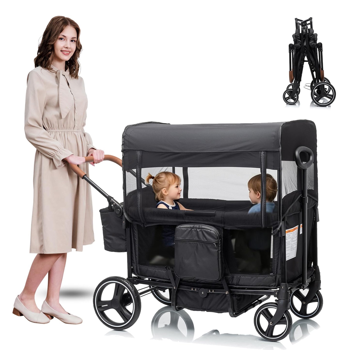 Voupou Wagon Stroller for 2 Kids,Push Pull Wagon with Adjustable Handle, Folding Wagon with Canopy & Mosquito Net, All-Terrain Wheels,Cup Holder & Snack Tray,Storage&Mom Bag,for Camping Beach Travel