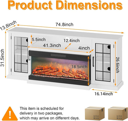GAOMON 75" TV Stand & 40" 3 Sided Glass Electric Fireplace, 12 Colors LED Lights Flame, 750W/1500W for Max 85" TVs, 2 Tier Storage 2 Door Glass Cabinet