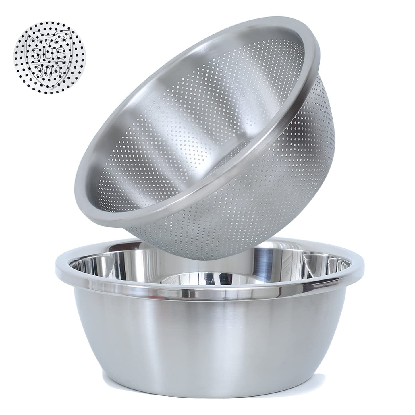 304 Stainless Steel Microporous Colander, 5QT Large Capacity with Mixing Bowl For washing vegetables, fruit and rice and for draining cooked pasta(2PC)
