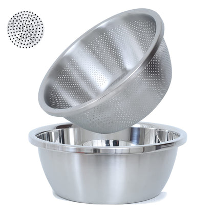 304 Stainless Steel Microporous Colander, 5QT Large Capacity with Mixing Bowl For washing vegetables, fruit and rice and for draining cooked pasta(2PC)