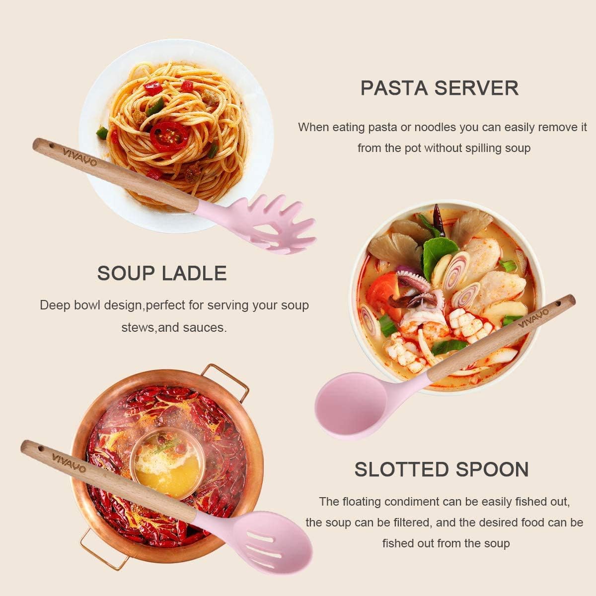 Silicone Cooking Utensil Set, 12 Pieces with Wooden Handles, Kitchen Spatula Sets with Holder Spoon Turner Tongs