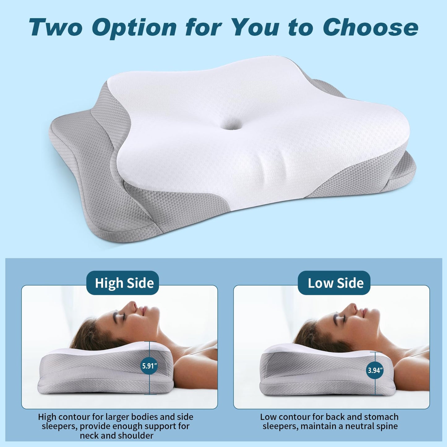 Cervical Neck Pillow for Pain Relief - Cooling Ergonomic Neck Support Pillow for Sleeping, Orthopedic Contour Memory Foam Pillows for Side, Back & Stomach Sleepers with Pillowcase (Grey)