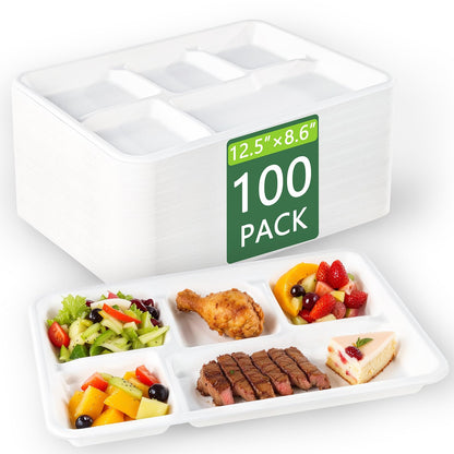 WELLIFE 100% Compostable 5 Compartment Paper Plates, 100 Pack Disposable School Lunch Trays Divided Plates for Adult Youth, 12.5 * 8.6 inch Heavy Duty Eco-Friendly Bagasse Plate for Buffet and Party