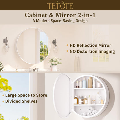 TETOTE Bathroom Mirror Cabinet 30 x 30 White Round Bathroom Medicine Cabinet with Mirror Adjustable Shelves Farmhouse Wall Mirror with Storage Surface Mounted