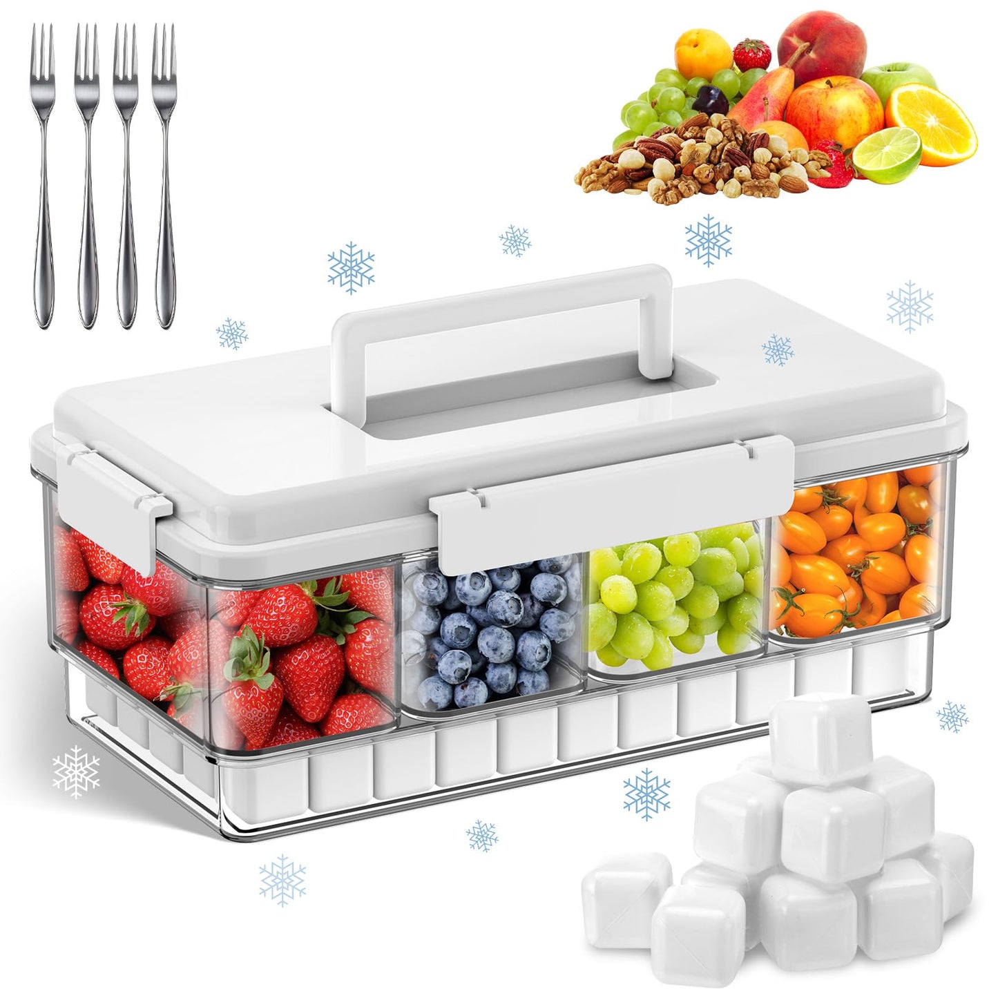 Palksky Snackle Box Container with Ice Pack, Travel Snack Container with Handle, Chilled Portable Divided Serving Tray with Lid, 4 Compartment Snack Box for Fruits,Veggies,Snacks,Keep Food Cold