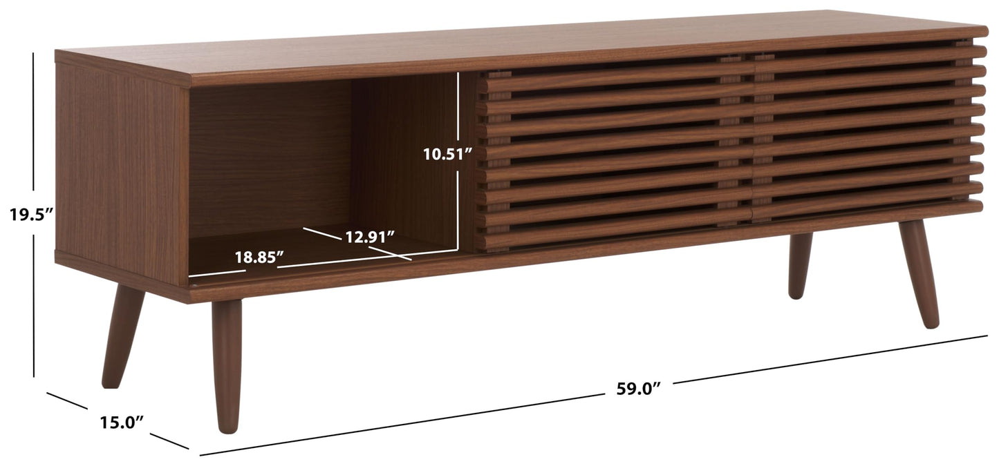 SAFAVIEH Averi TV Stand for up to 65" Flatscreen – Dark Walnut, 2 Sliding Doors with Interior Storage, 2 Open Shelves, Entertainment Media Console (MED9637A)