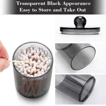 Skiennix Cotton Buds Dispenser - 10 oz Clear Black Apothecary Jar Set for Organized Storage