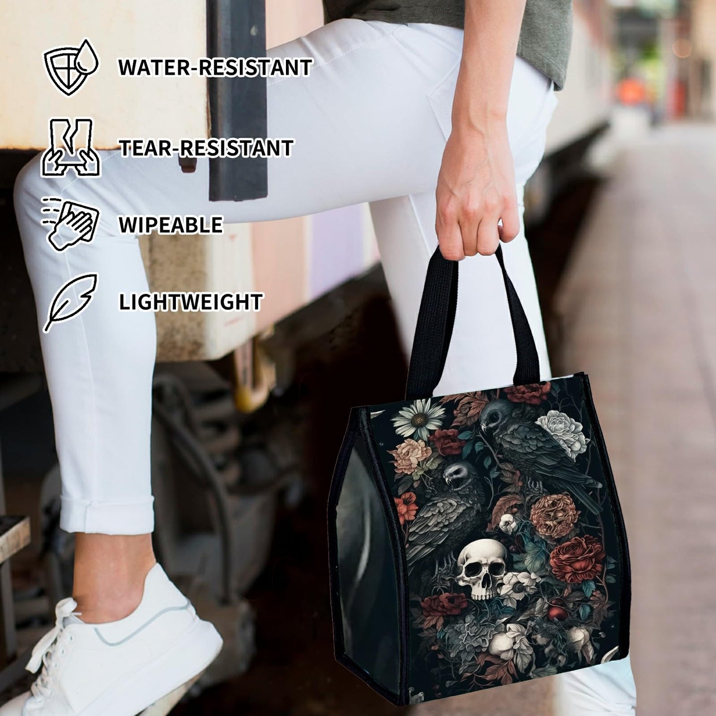 SROJDHFJB Lunch Bags Dark Skull Flower Eagle Cute Women Lunch Box Large Reusable Insulated Tote for Work, Beach, Travel