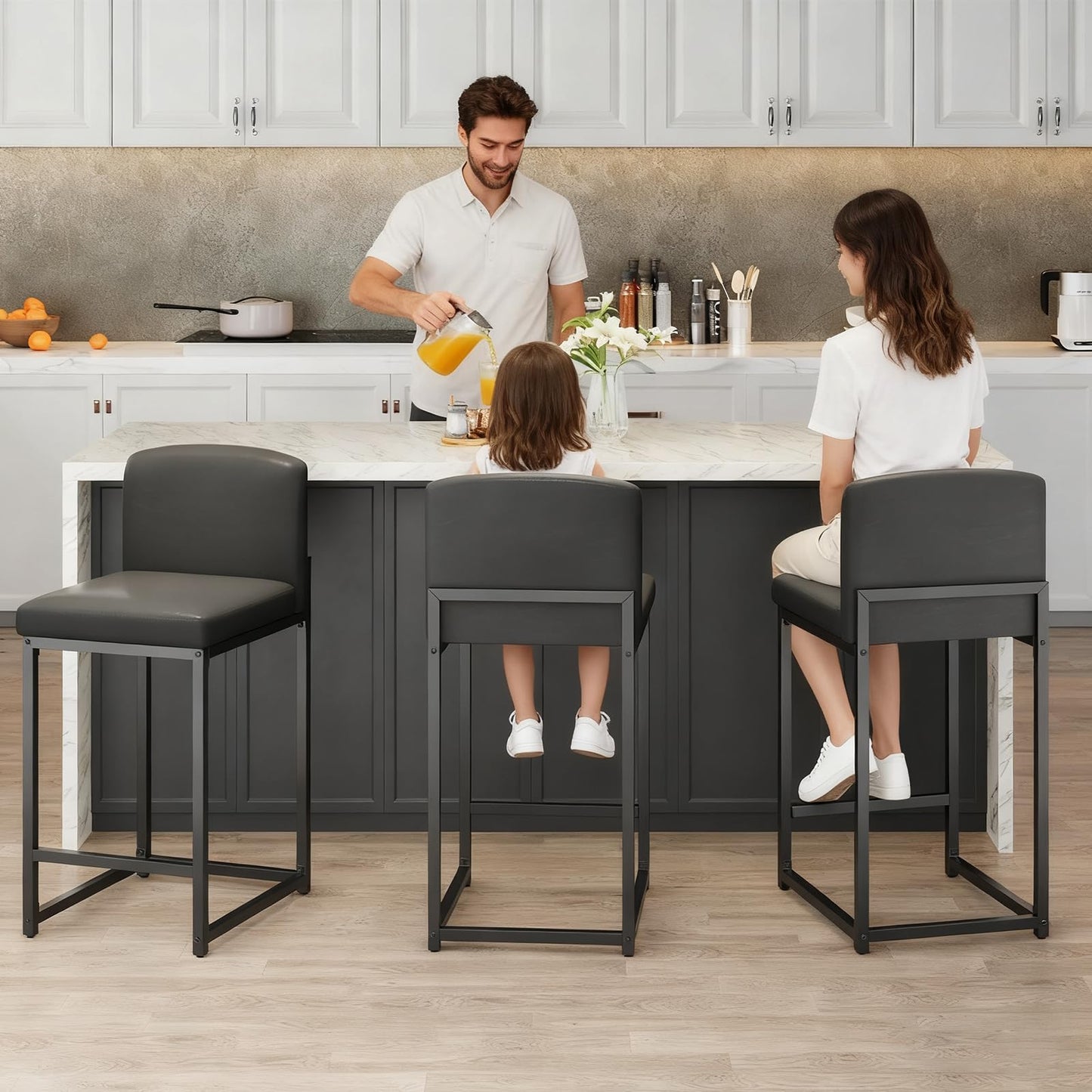 GarveeHome Bar Stools Set of 6, Modern Counter Height Bar Stools with Back and Footrest, Faux Leather Upholstered Barstools Chairs for Kitchen Island Dining Room Bar, Black