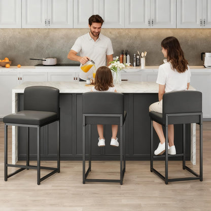 GarveeHome Bar Stools Set of 6, Modern Counter Height Bar Stools with Back and Footrest, Faux Leather Upholstered Barstools Chairs for Kitchen Island Dining Room Bar, Black