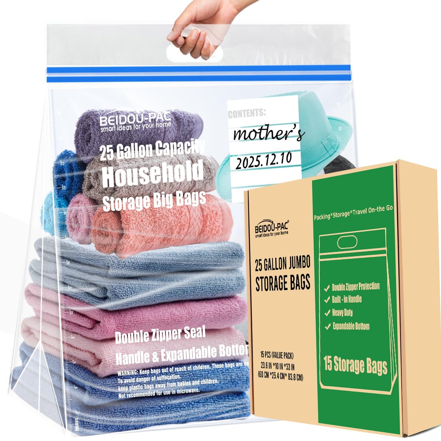BEIDOU-PAC 25 Gallon Jumbo Storage Bags with Handle, 15 Count | Double Zipper Seal | Expandable Bottom, Resealable Clear zip Bags for Home, Travel, Moving, Commercial and Outdoor