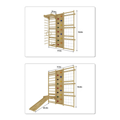 Avenlur Walnut 9-in-1 Swedish Ladder Wall Gym Set - 78.8 Inches - Trapeze Swing, Rope Ladder, Rock Wall, Rope Wall, Rock Ramp Climber, Slide, Pull-up Bar, Ladder and Swing