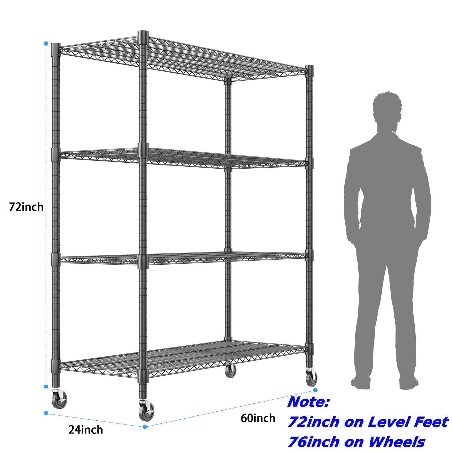 Homdox Heavy Duty Metal Shelves for Storage, 4 Tier Storage Racks and Shelving, Commercial Adjustable Wire Shelving Unit on Wheels, Garage Rack Pantry Shelves Kitchen Shelving, 24"x60"x72", Black